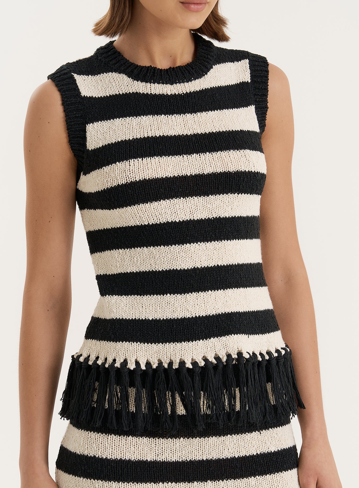 Striped Sleeveless Knitted Tassel Trim Top
